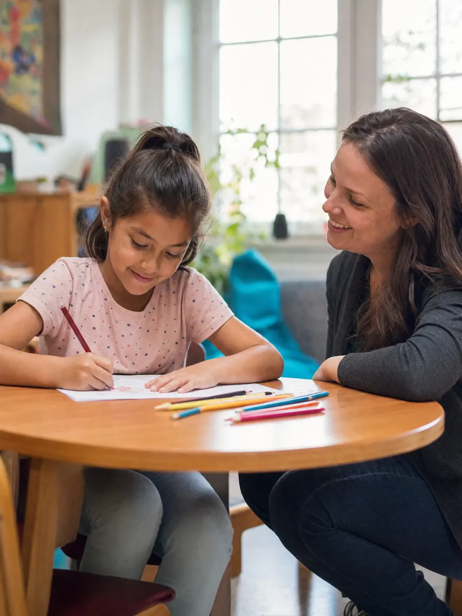 A young girl drawing at a table while a counselor kneels beside her