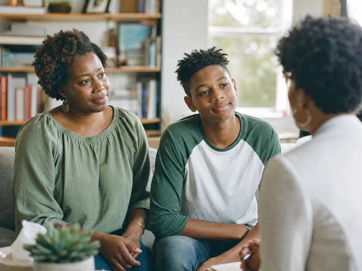 A mother and her teenage son talking with a counselor on a couch