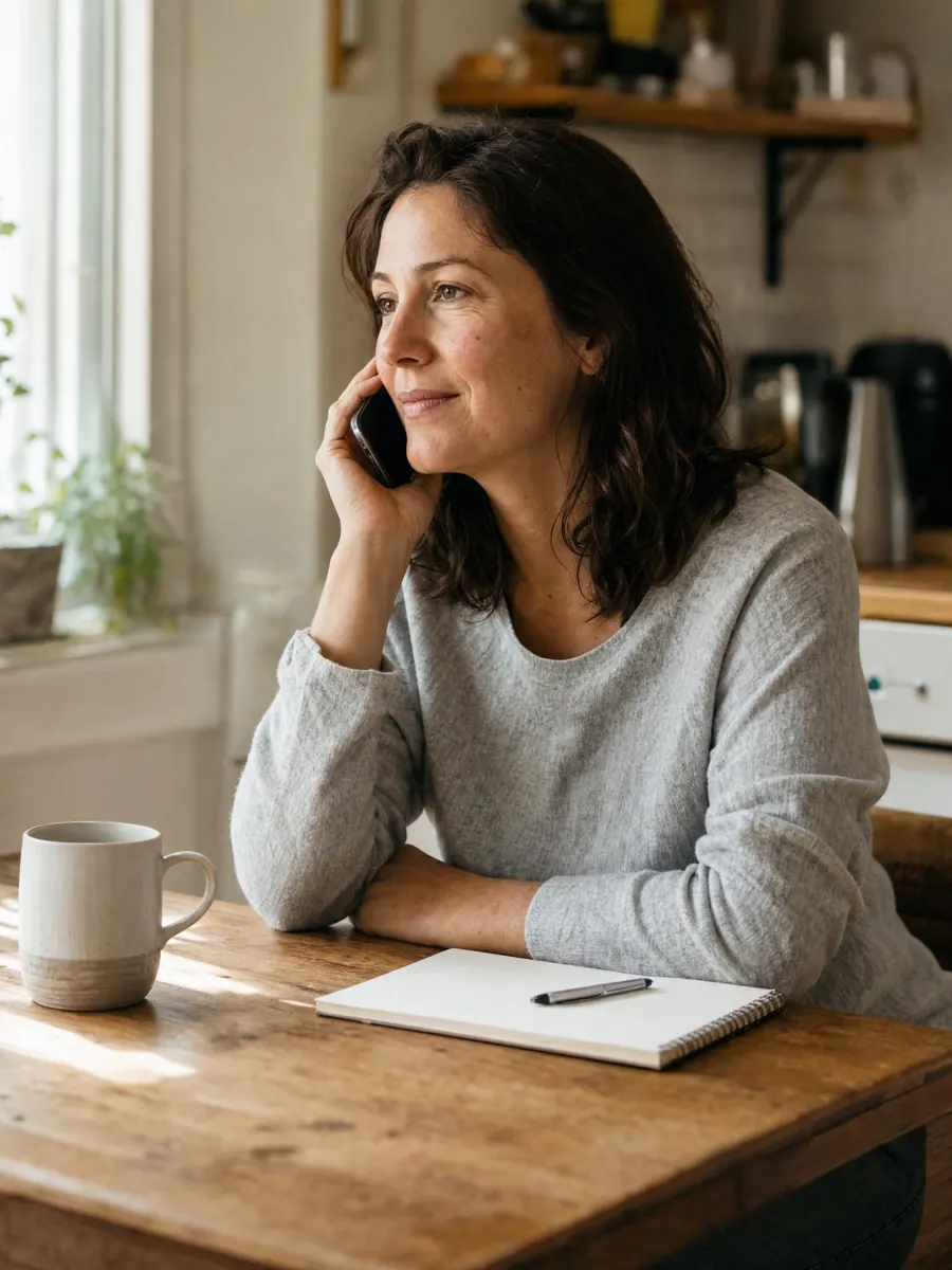 A mother at her kitchen table making a phone call, a notepad in front of her