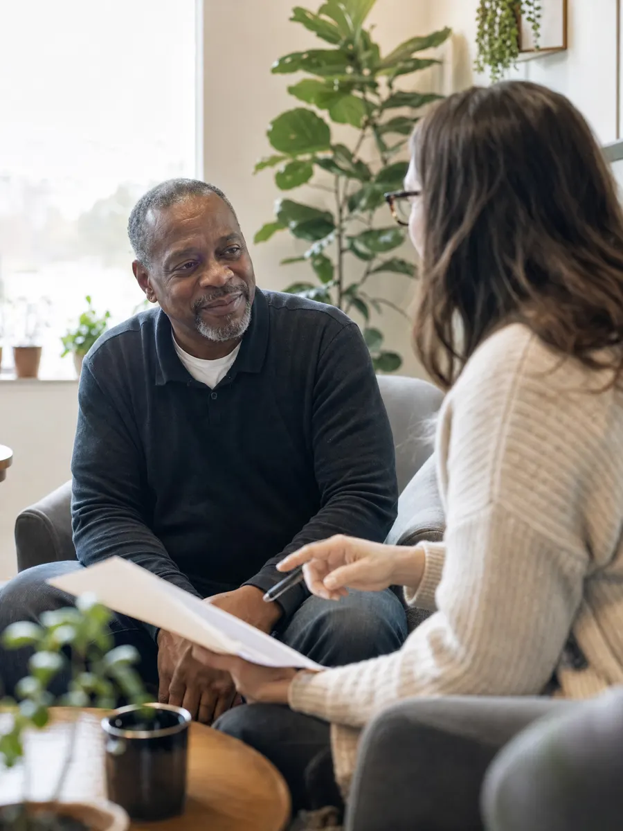 A clinician going over a care plan with a man in a calm office