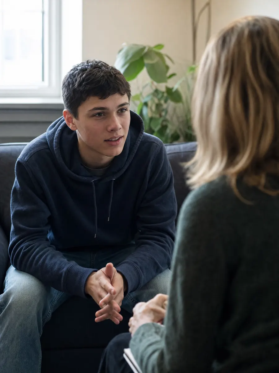 A teenage boy in a hoodie talking with a counselor